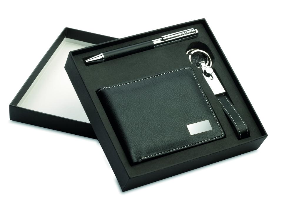 Bolígrafo, llavero y cartera
