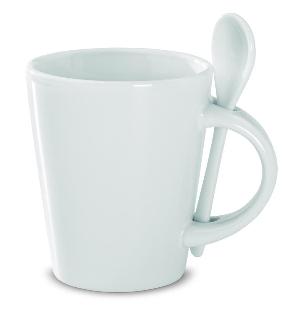 Taza con cuchara de cerámica.